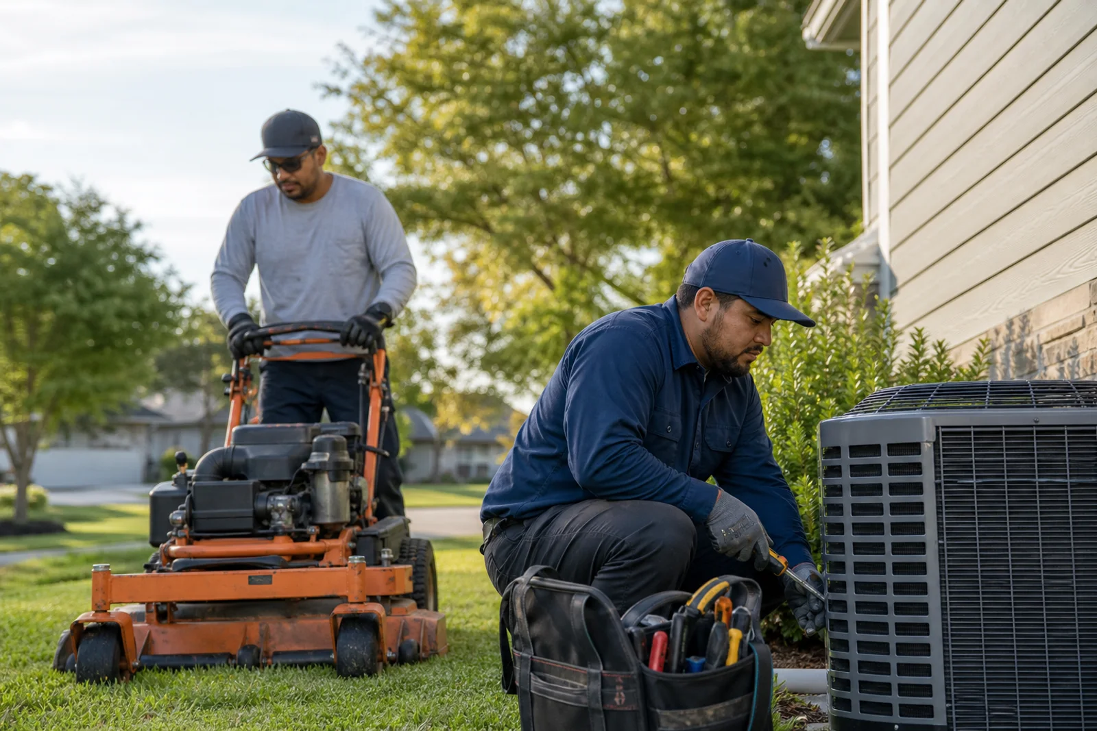 Profesionales de jardinería y HVAC trabajando en una propiedad residencial